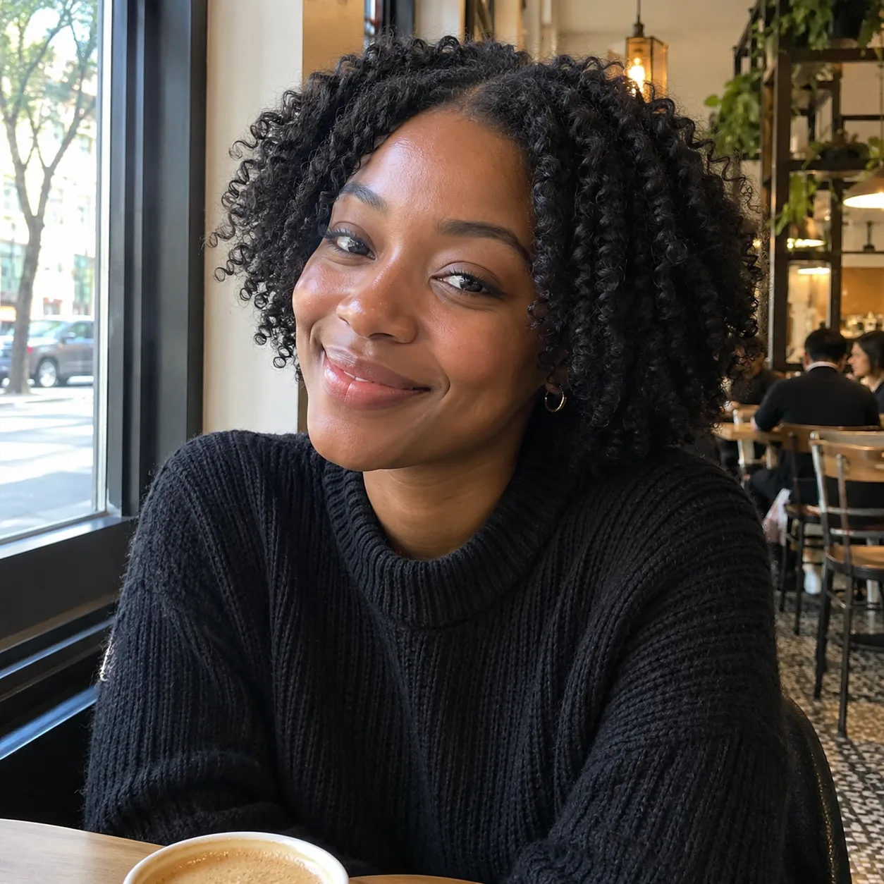 A smiling young woman at a cafe window table with a chin-length black 4a wash-and-go of defined coils