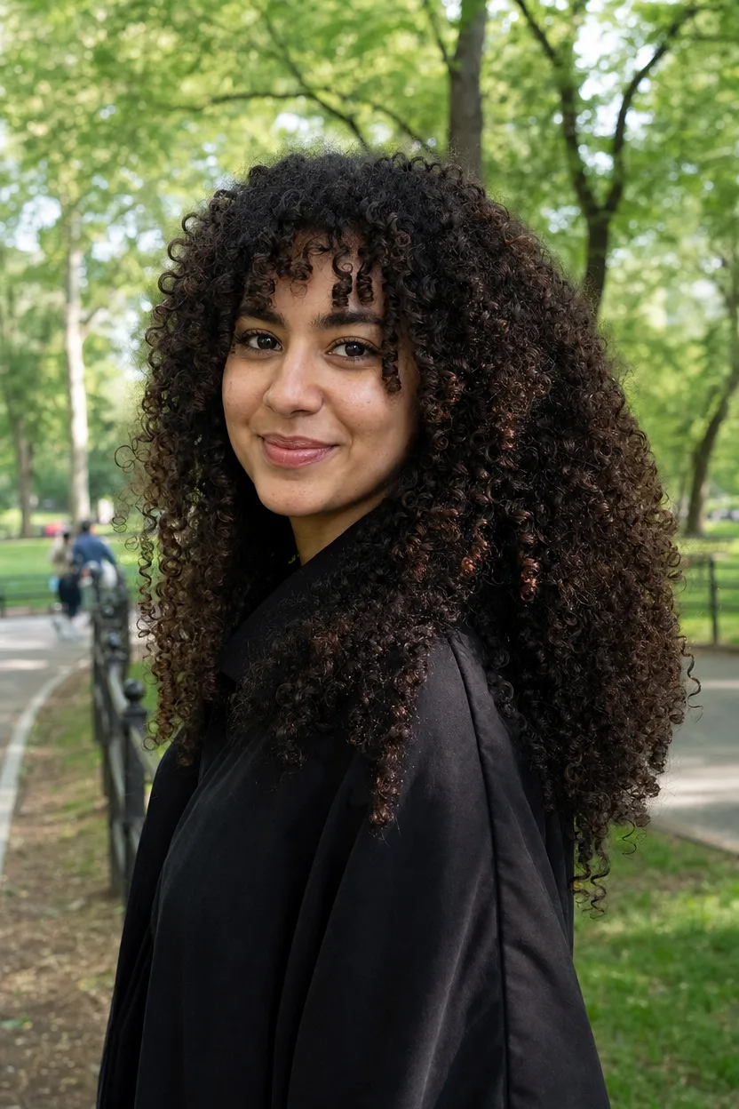 A smiling young woman in a park with long dark brown corkscrew curls with auburn tones, curly bangs and curls falling past her shoulders