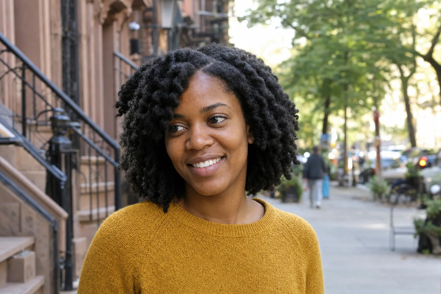 A smiling young woman on a brownstone sidewalk with a shoulder-length black twist-out in chunky separated sections