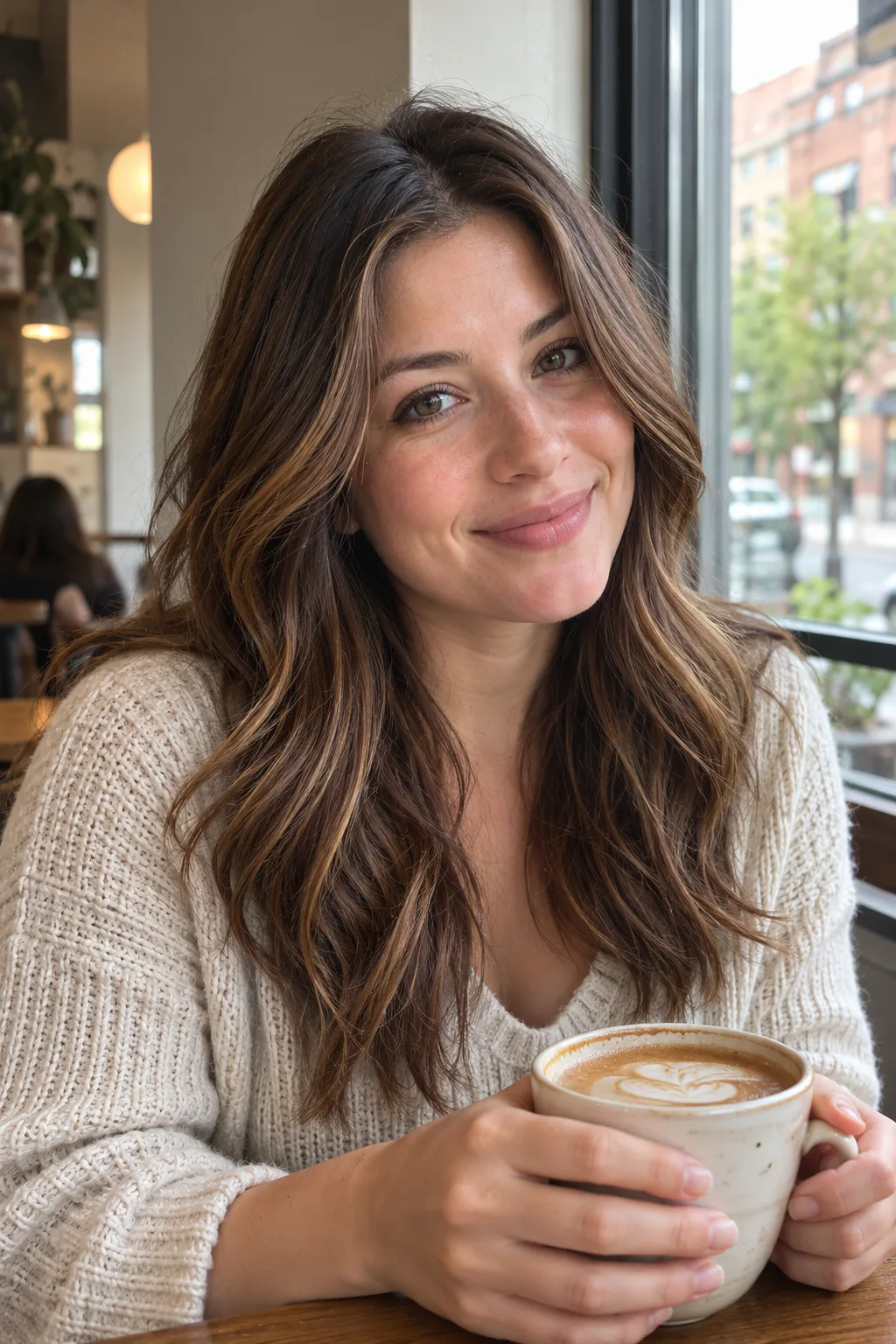A woman at a cafe window holding a latte, medium brown hair with soft warm caramel highlights through loose waves