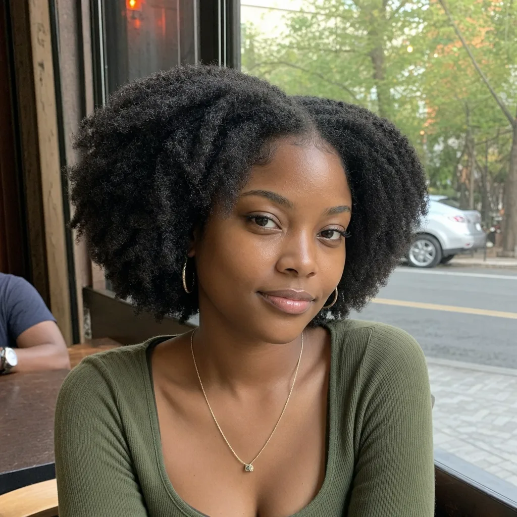 A woman at a cafe window wearing a full stretched twist-out on 4c hair