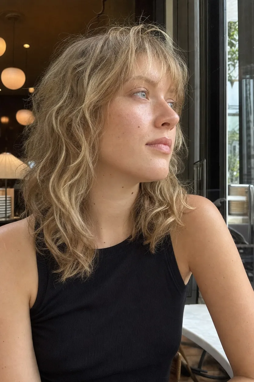A woman at a cafe window with dirty blonde shoulder length wavy hair, layered around the face, with a wispy fringe at the eyebrow
