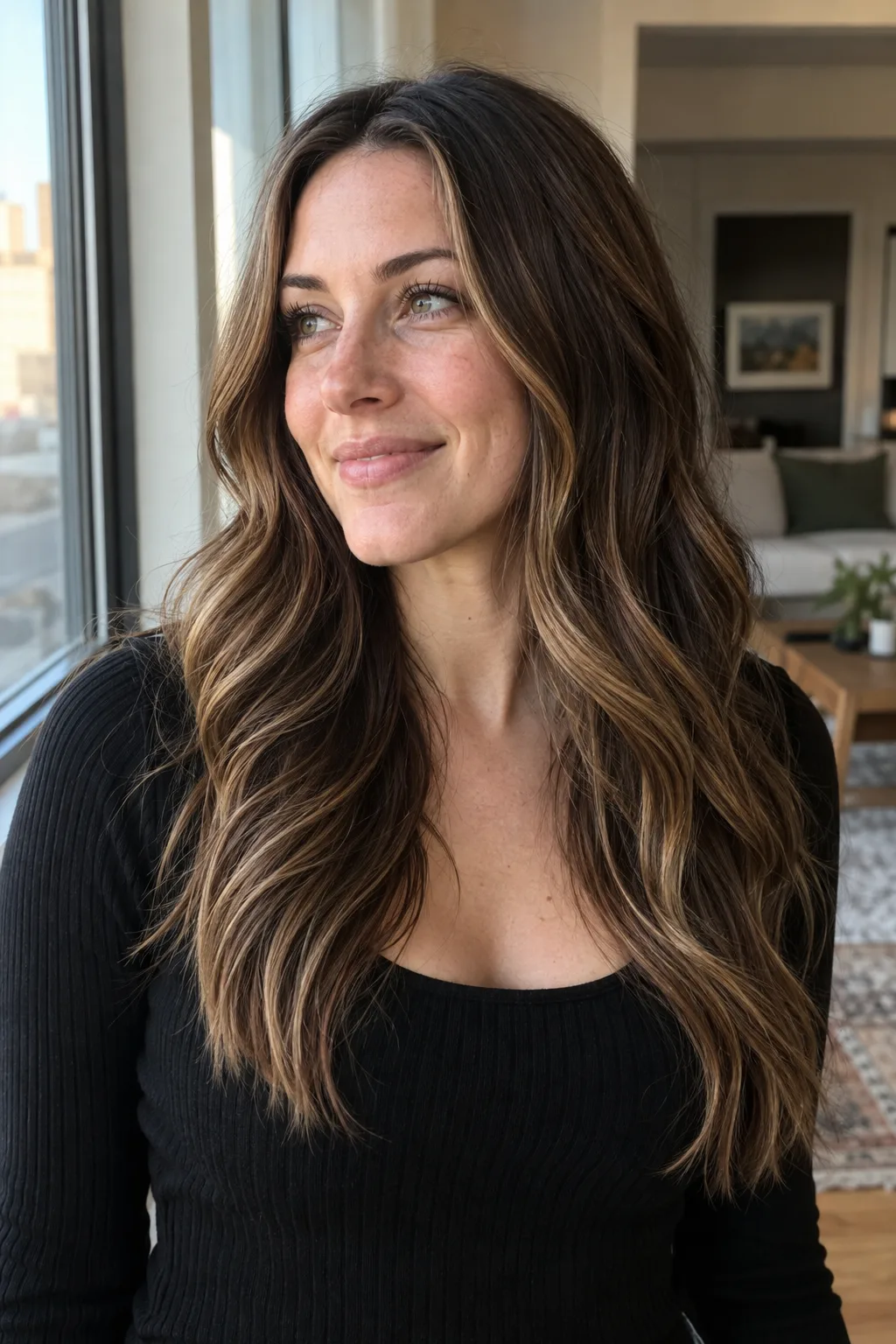 A woman by a window indoors with long dark brown hair, caramel highlights and deeper brown pieces left between them