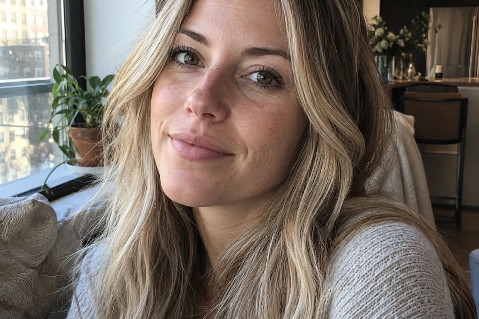 A woman by an apartment window with light brown hair carrying fine buttery blonde babylights through the top section