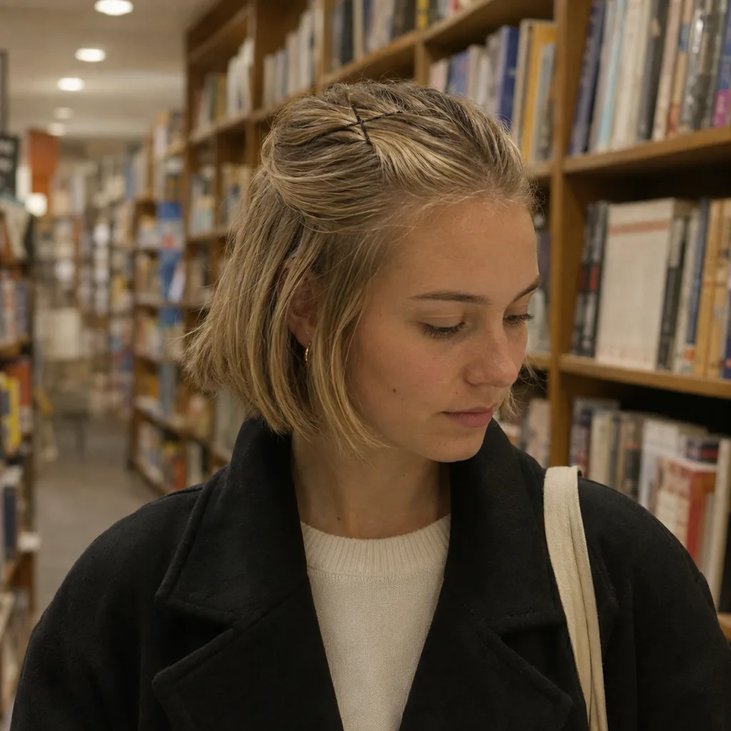 A woman in a bookshop with a chin length blonde bob, a smooth front section swept back and held at the crown with two bobby pins crossed in an X, the rest hanging loose at jaw length