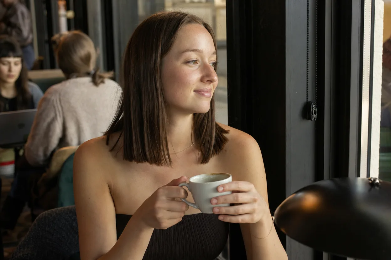 A woman in a coffee shop with medium brown hair in a blunt one-length cut ending at her shoulders