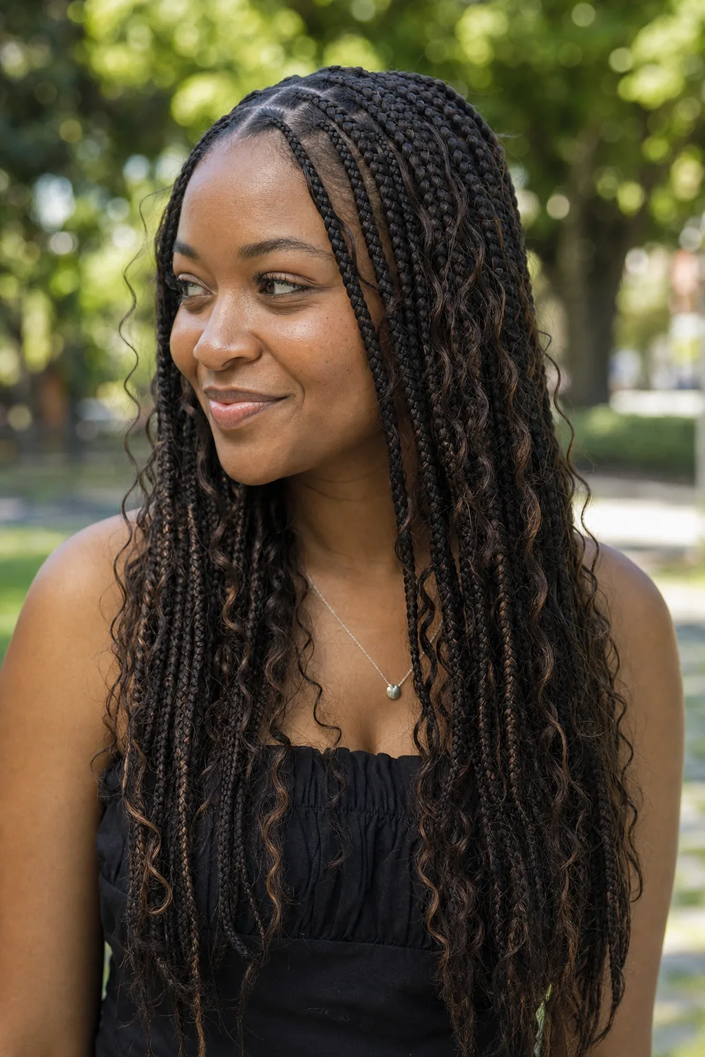 A woman in a park with dark brown knotless braids to the middle of her back, loose curly strands left out along the length so the braids look softly undone.