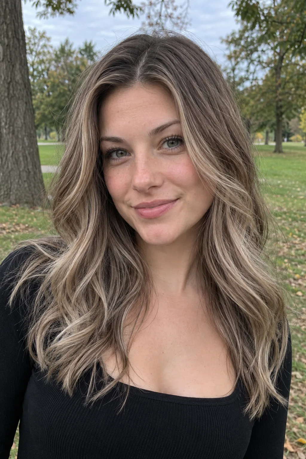 A woman in a park with light ash brown hair and cool beige blonde highlights framing her face