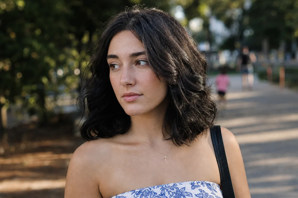 A woman in a park with thick black wavy hair falling to her shoulders