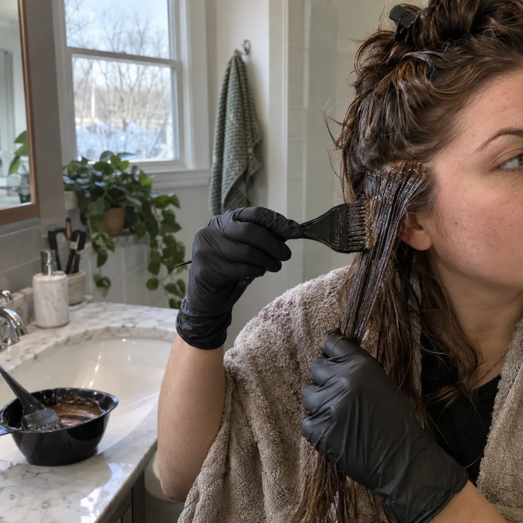 A woman in black gloves applying dark brown hair dye to a section of damp hair with a tint brush at a bathroom sink