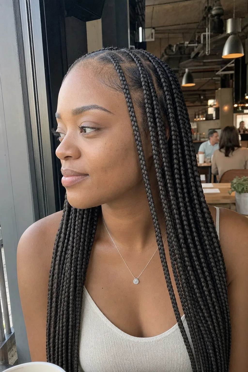 A woman in profile beside a cafe window with pen-width dark brown knotless braids hanging to the middle of her back.