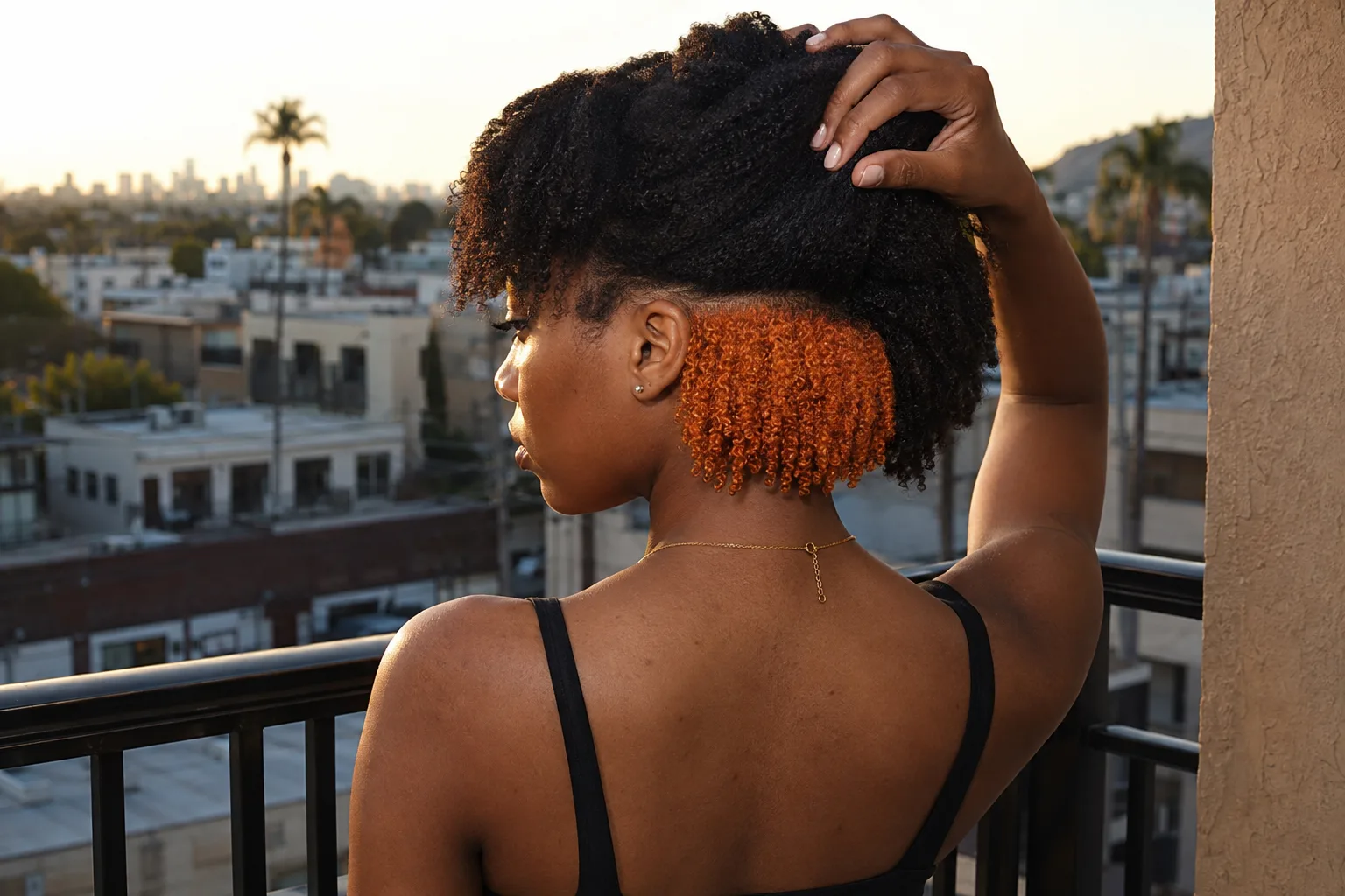 A woman on a balcony at golden hour lifts her black coils to show a bright copper panel underneath the top layer