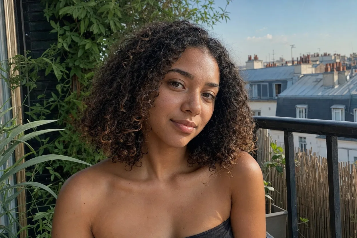 A woman on a balcony with dark brown curly hair and caramel ends resting at her shoulders