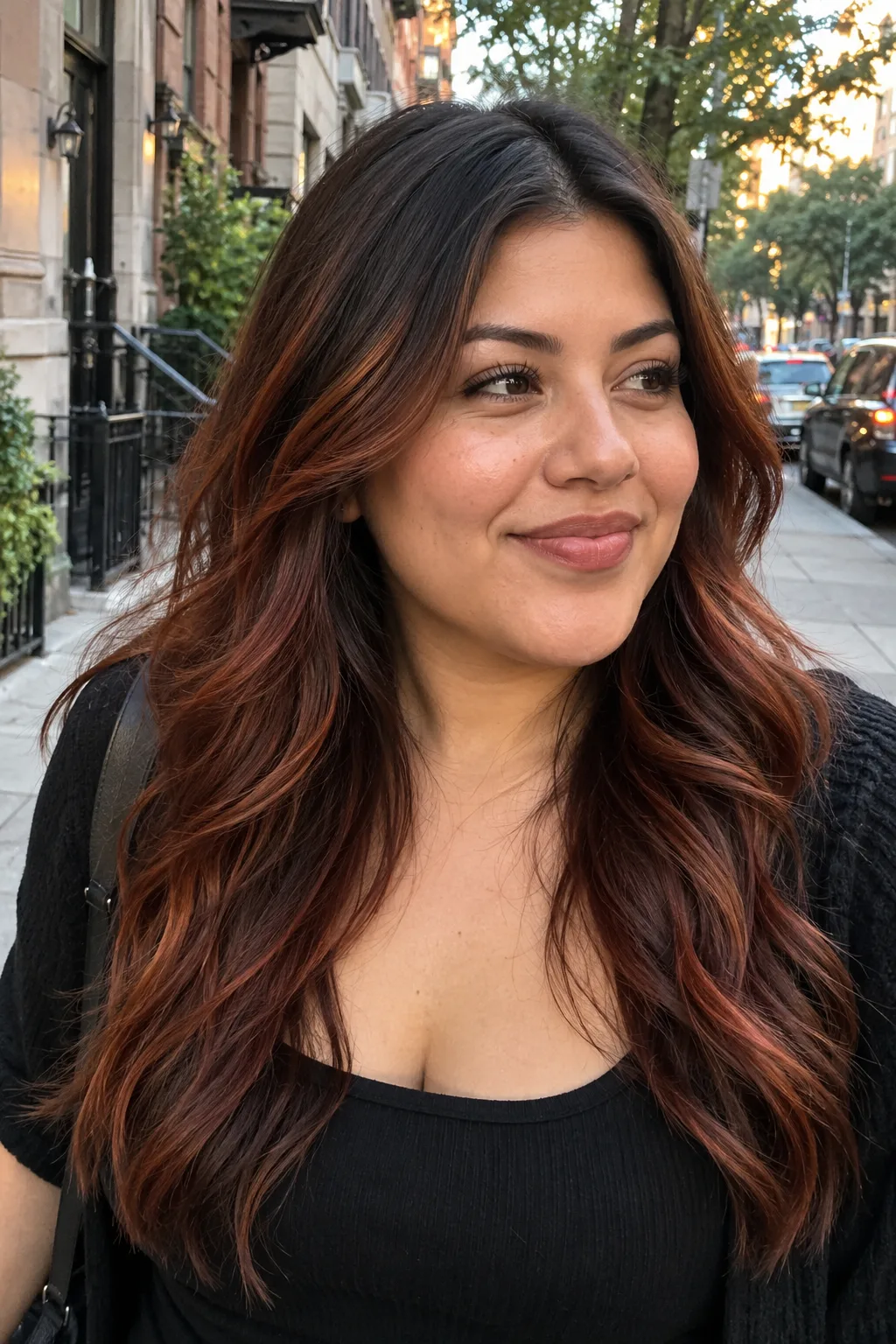 A woman on a city sidewalk in evening light with dark brown hair and copper red highlights through the lengths