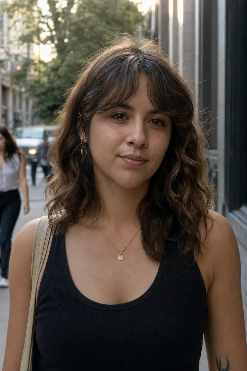 A woman on a city sidewalk with dark brown wavy hair past the collarbone and center parted curtain bangs at the eyebrow