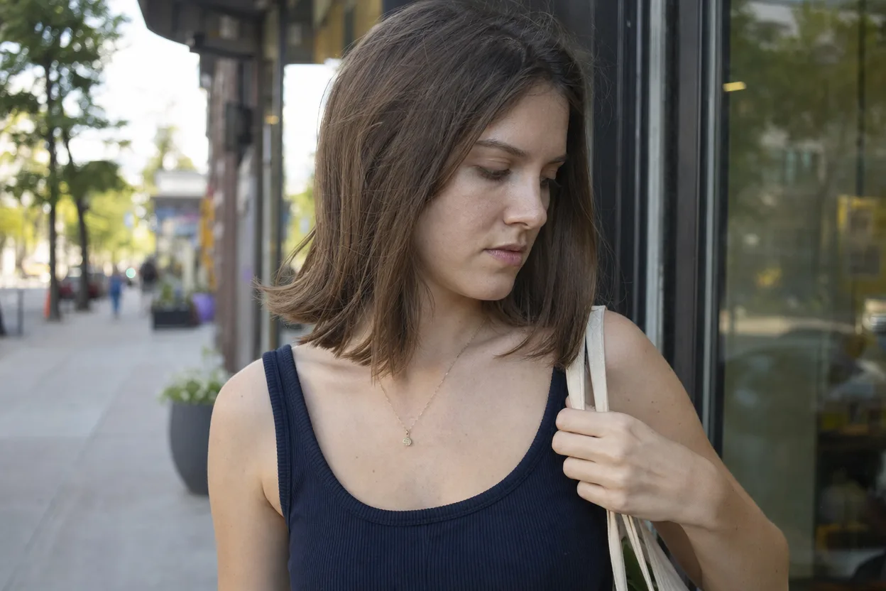 A woman on a city sidewalk with light brown hair ending just above her shoulders, the ends kicking outward
