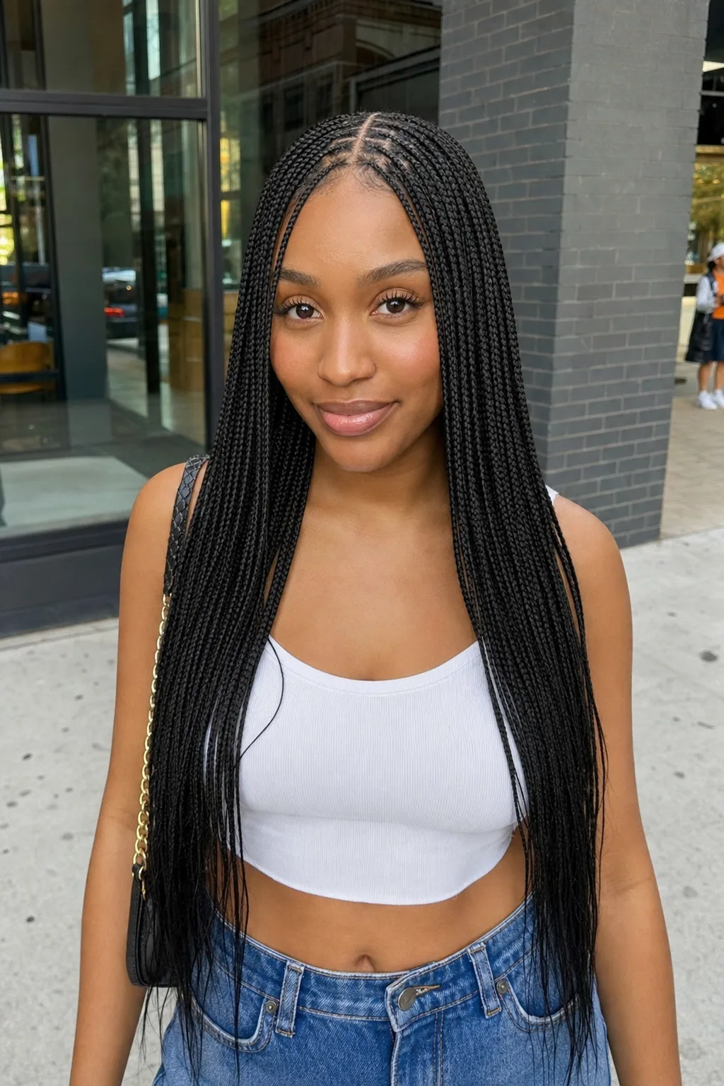 A woman on a city sidewalk with pencil-thin jet black knotless braids falling past her waist, worn loose over both shoulders.