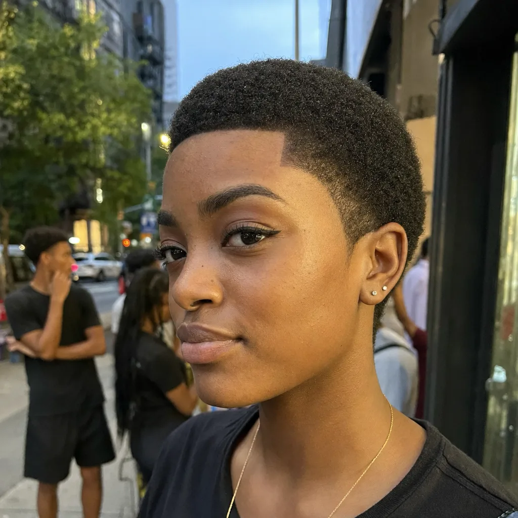 A woman on a city street wearing a TWA, a very short tapered 4c afro with a crisp shape-up