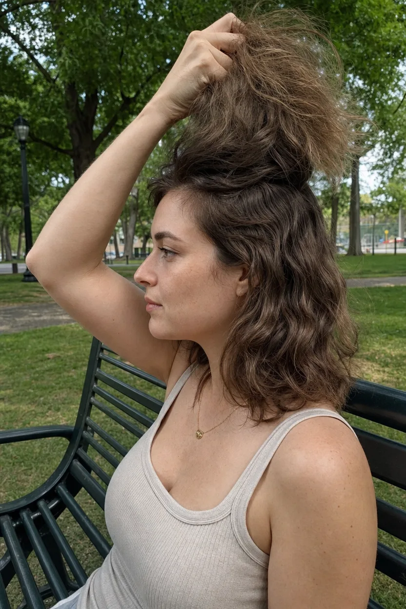 A woman on a park bench lifting the frizzy top layer of her brown wavy hair to show more defined waves underneath