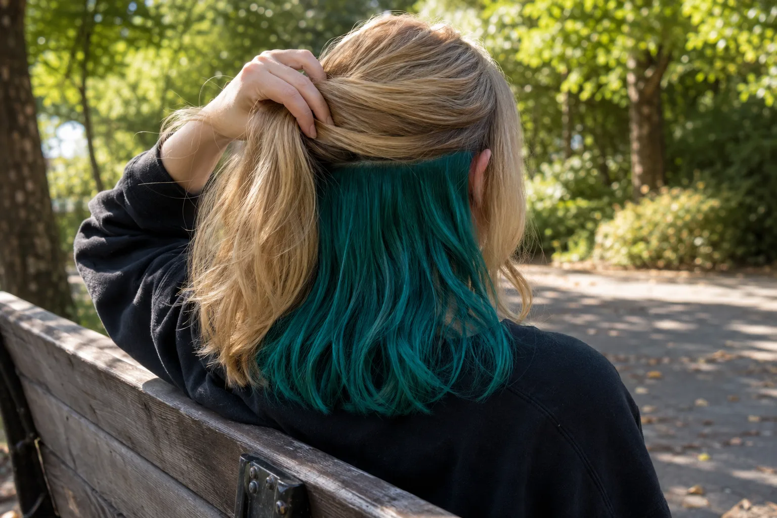 A woman on a park bench lifts the top layer of her shoulder-length blonde hair, showing a teal panel underneath