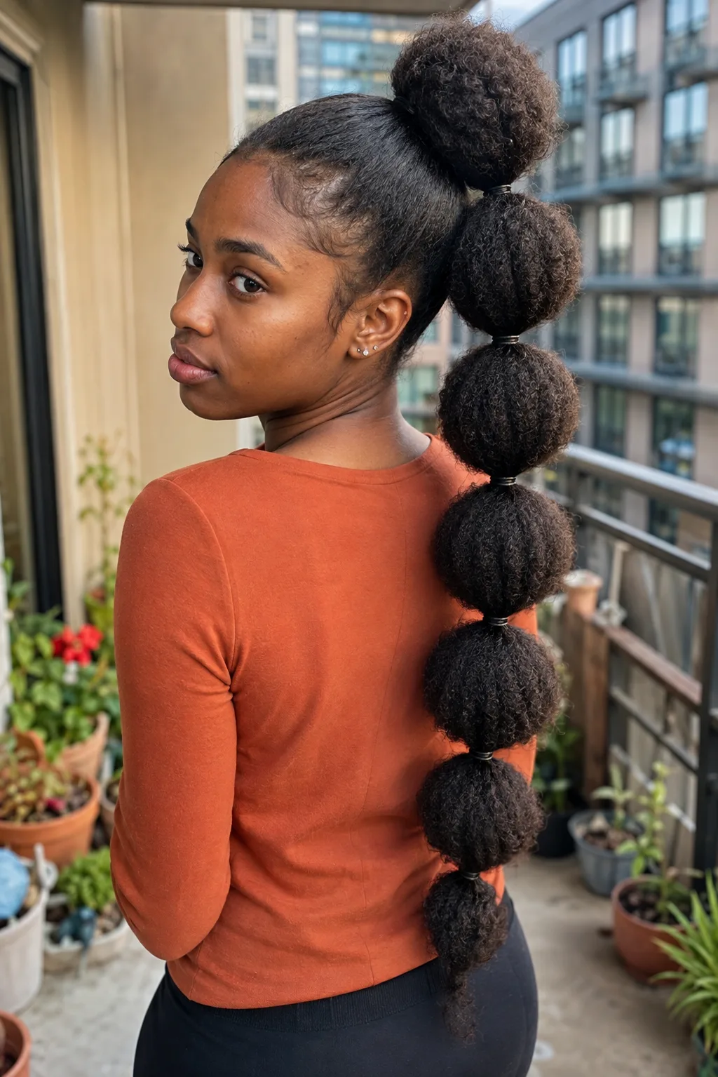 A woman on a plant-filled balcony seen from behind, her natural coily hair gathered high and banded into seven dense matte bubbles running down her back