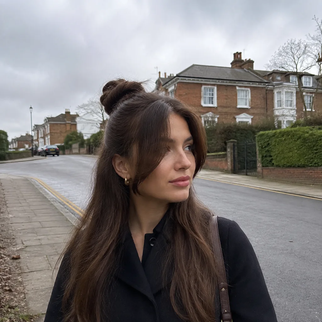 A woman on a residential street with mid brown wavy hair, long face framing pieces parted in the middle over both cheeks, and the top section twisted into a bun at the crown