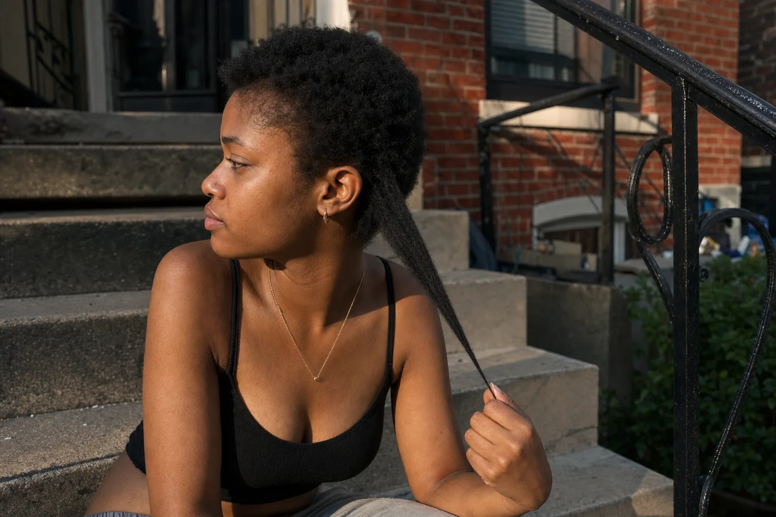 A woman pulling one section of her 4c hair straight down, showing it is several times longer than the shrunken hair around it