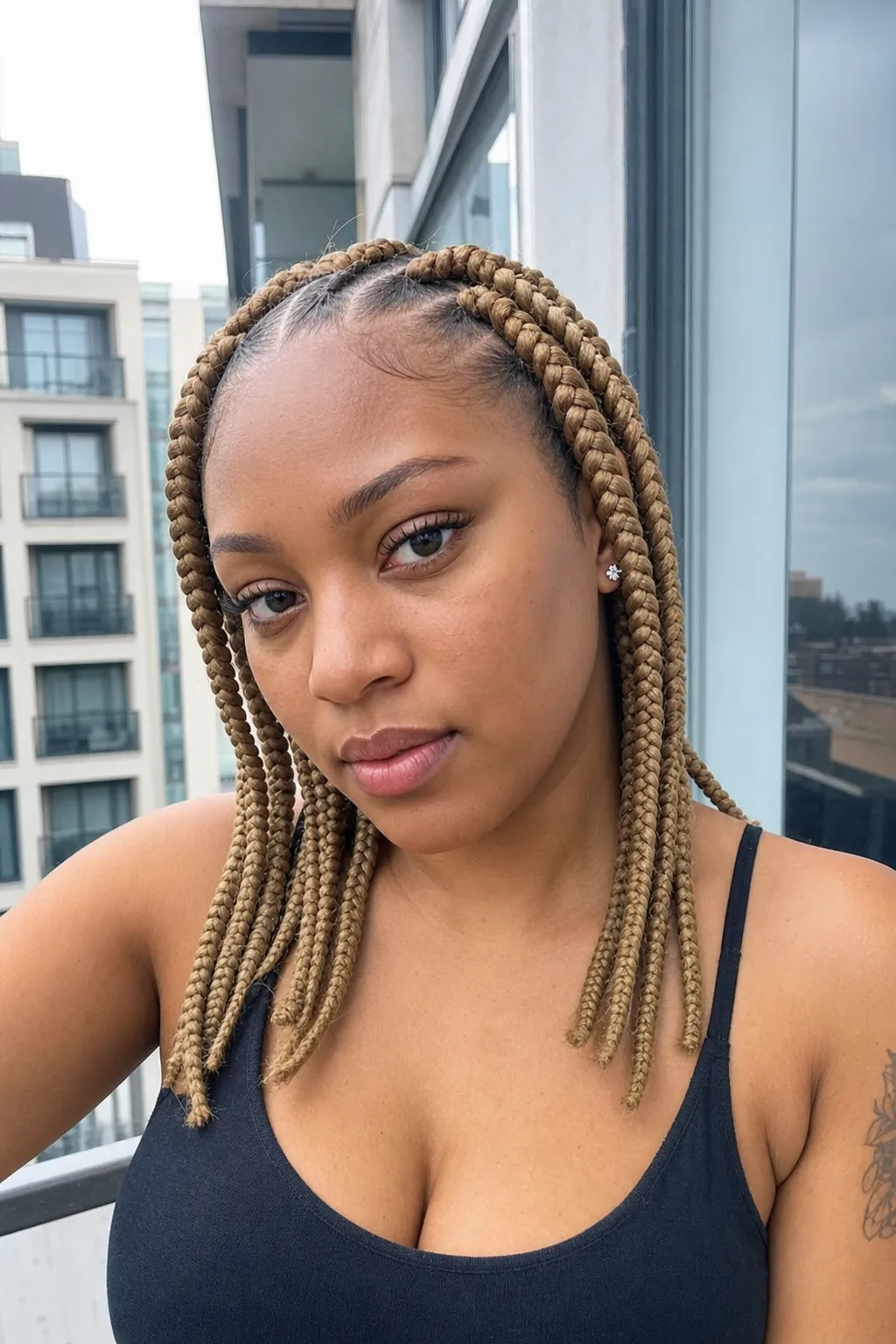 A woman on an apartment balcony with thumb-width honey blonde knotless braids cut to shoulder length, with wide clean parts and visible scalp between them.