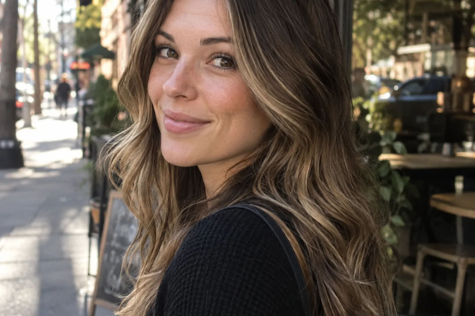 A woman outside a cafe in afternoon sun with brown hair lightened only a few shades, the blonde blending softly into the base