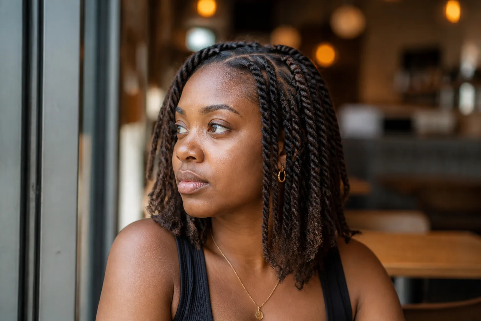 A woman sitting by a cafe window with shoulder-length two-strand twists in chestnut brown hair, each twist a visible spiral of two sections