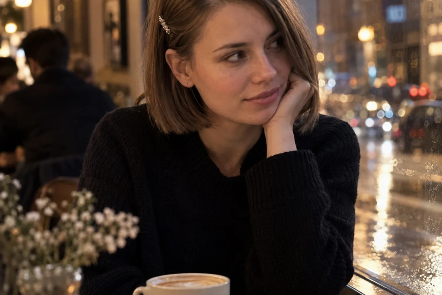 A woman with a chin-length light brown blunt bob, one side tucked behind the ear with a small crystal barrette