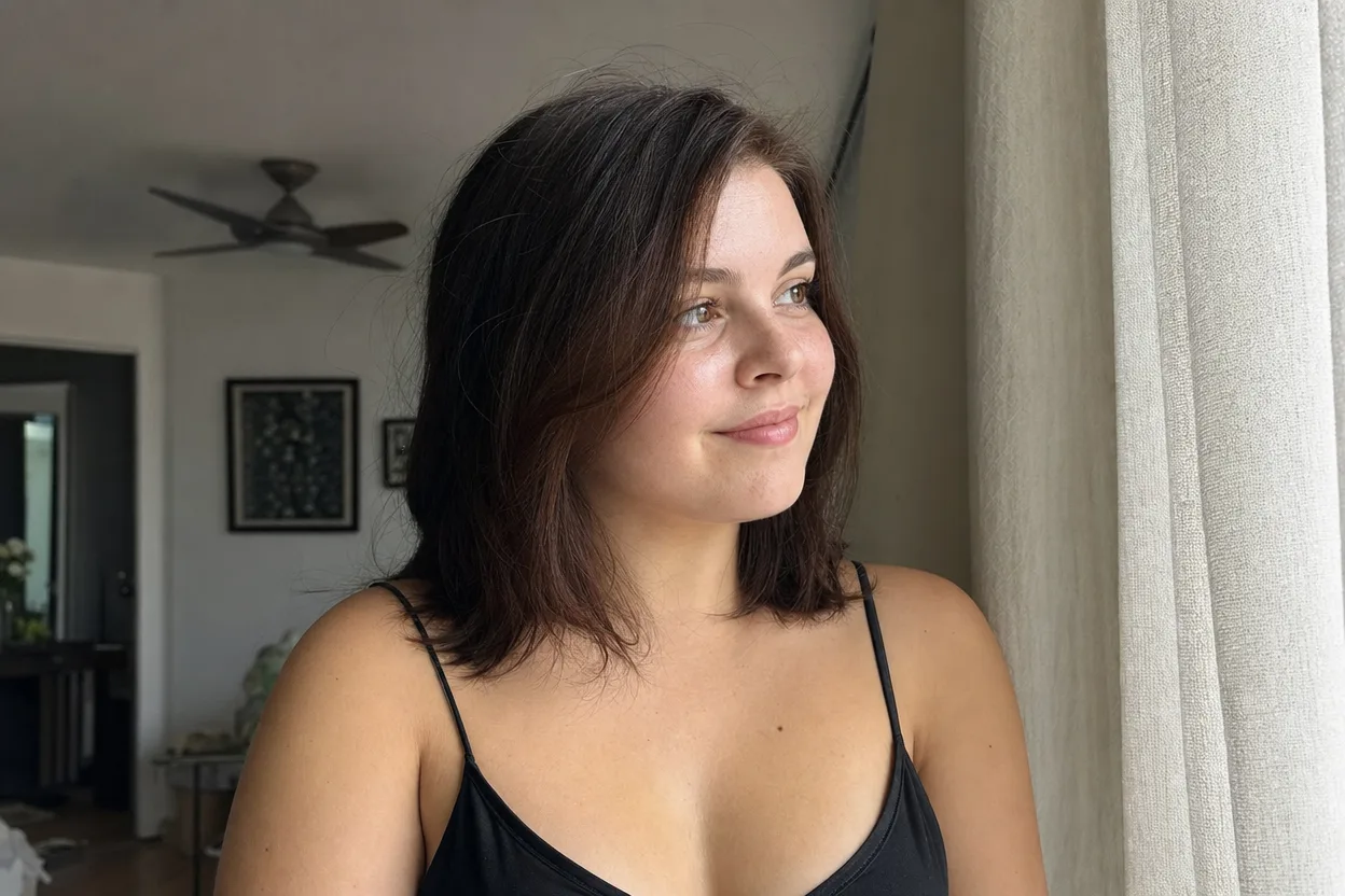 A woman with a round face by a window, dark brown hair falling past her jaw to her shoulders