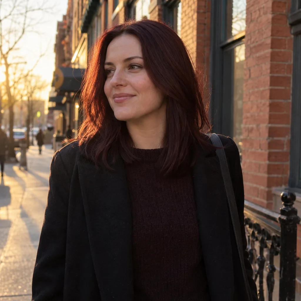 A woman with cherry cola red hair walks down a city street with brick buildings behind her