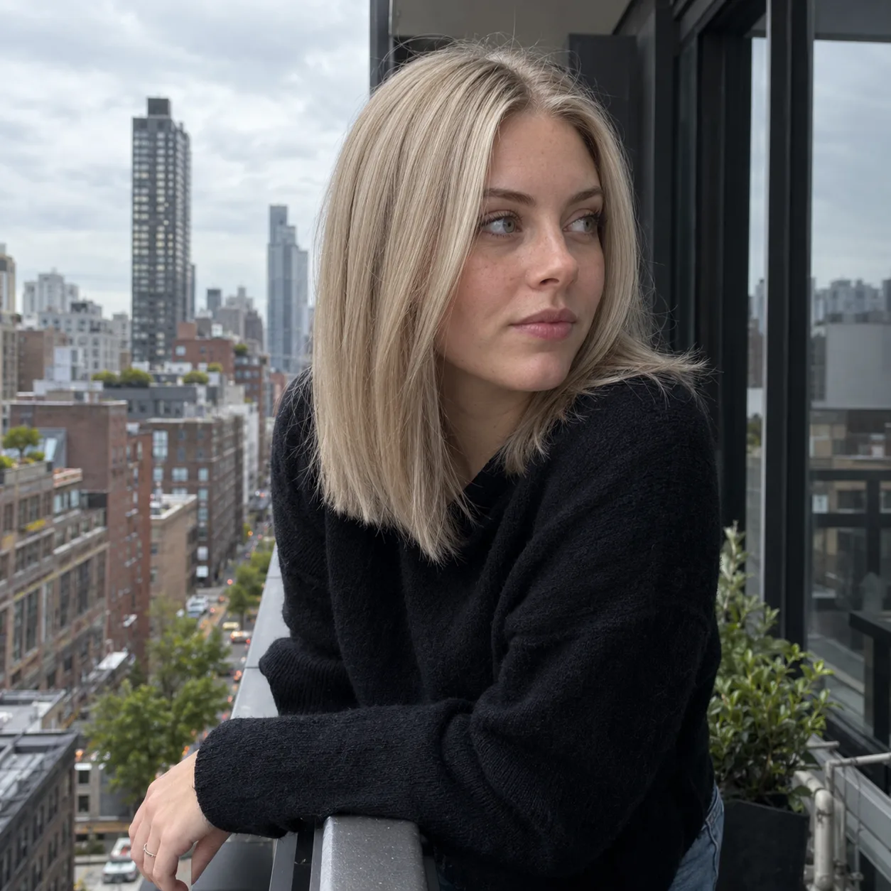 A woman with cool beige blonde hair leans on a city apartment balcony railing