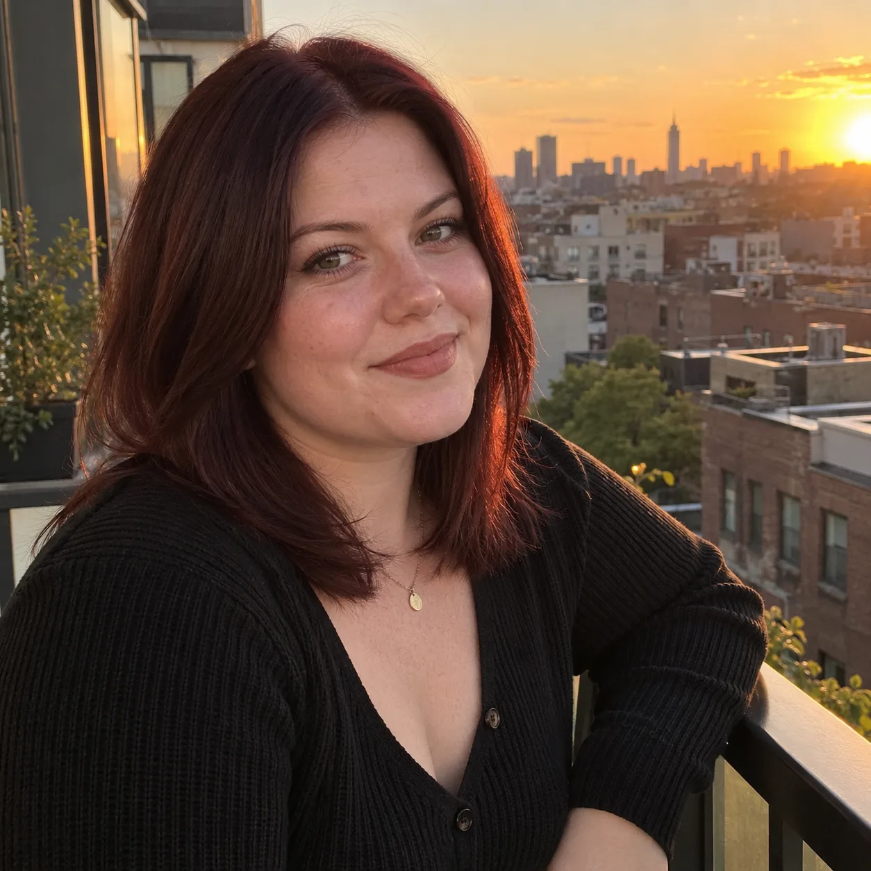 A woman with deep cherry cola red hair leaning on a balcony railing at sunset with a city skyline behind