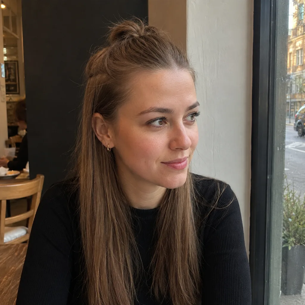 A woman with fine light brown straight hair seated by a cafe window, the top section gathered into a small knot at the crown and the rest falling loose to mid chest