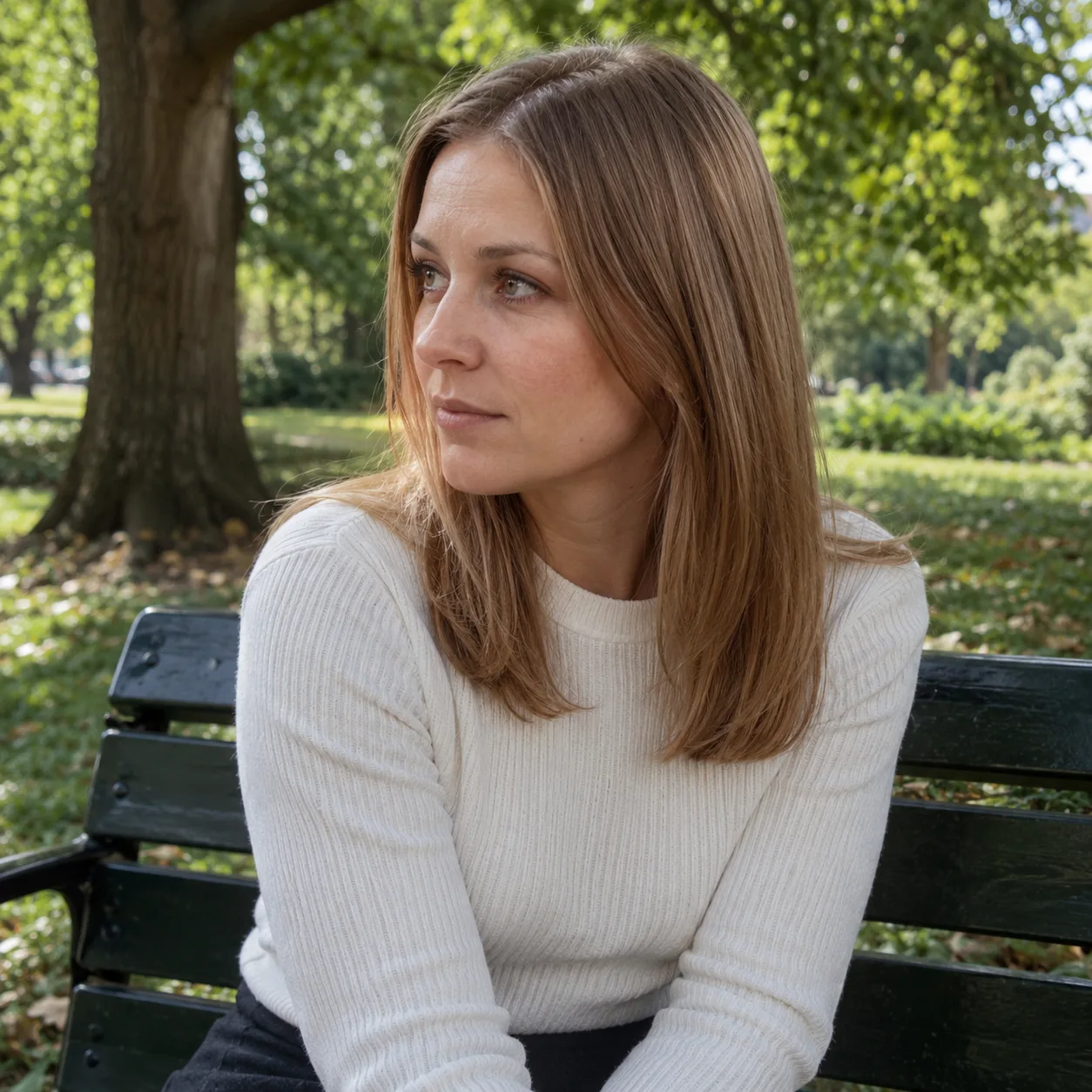 A woman with fine, straight, light brown hair sits on a park bench with trees behind her