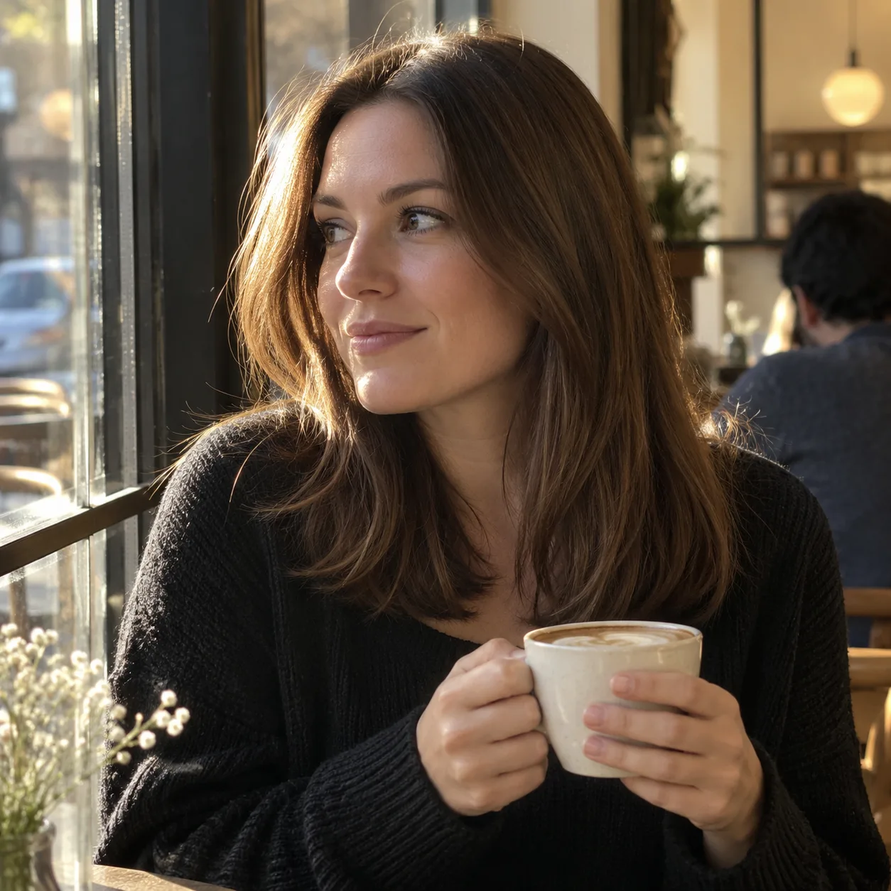 A woman with glossy chestnut brown hair sits at a sunlit cafe window holding a coffee cup