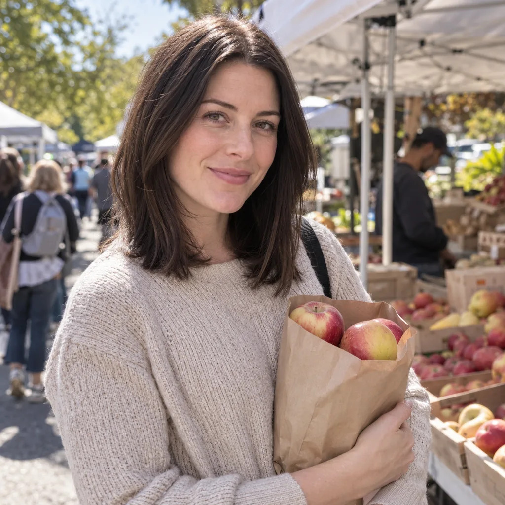 A woman with glossy espresso brown shoulder-length hair holding a paper bag of apples at a farmers market