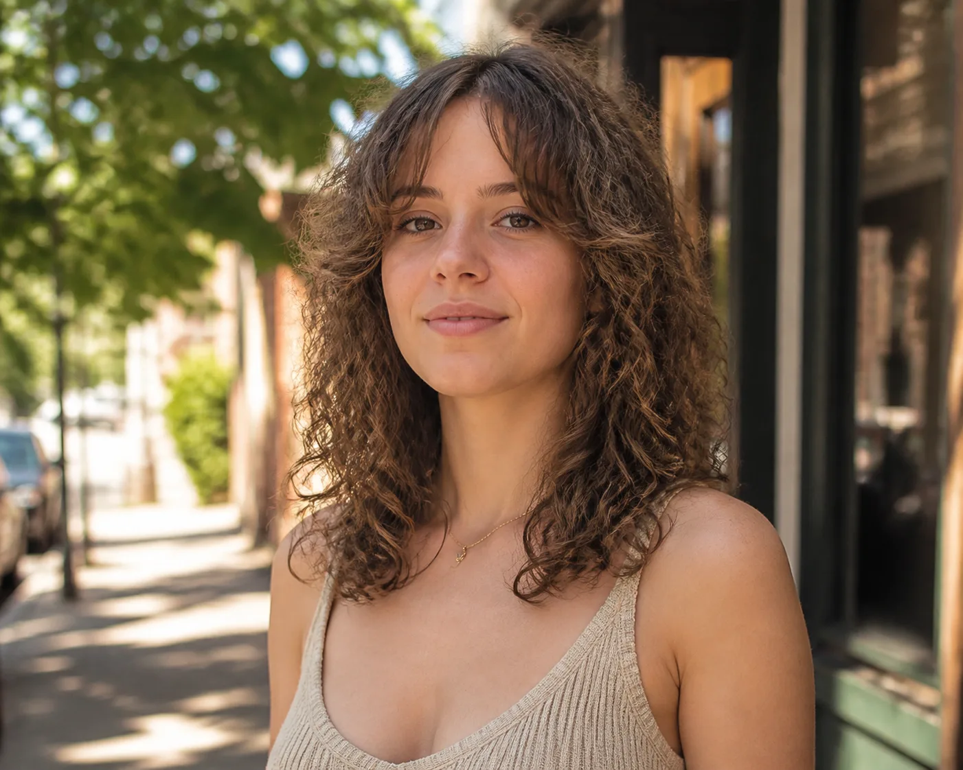 A woman with mid brown curly hair on a sunny sidewalk, the length resting on her collarbone and the shape narrow at the jaw and widest near the ends