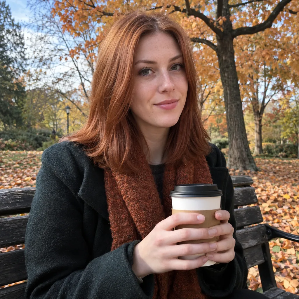 A woman with warm copper shoulder-length hair holding a takeaway coffee on a park bench among autumn leaves
