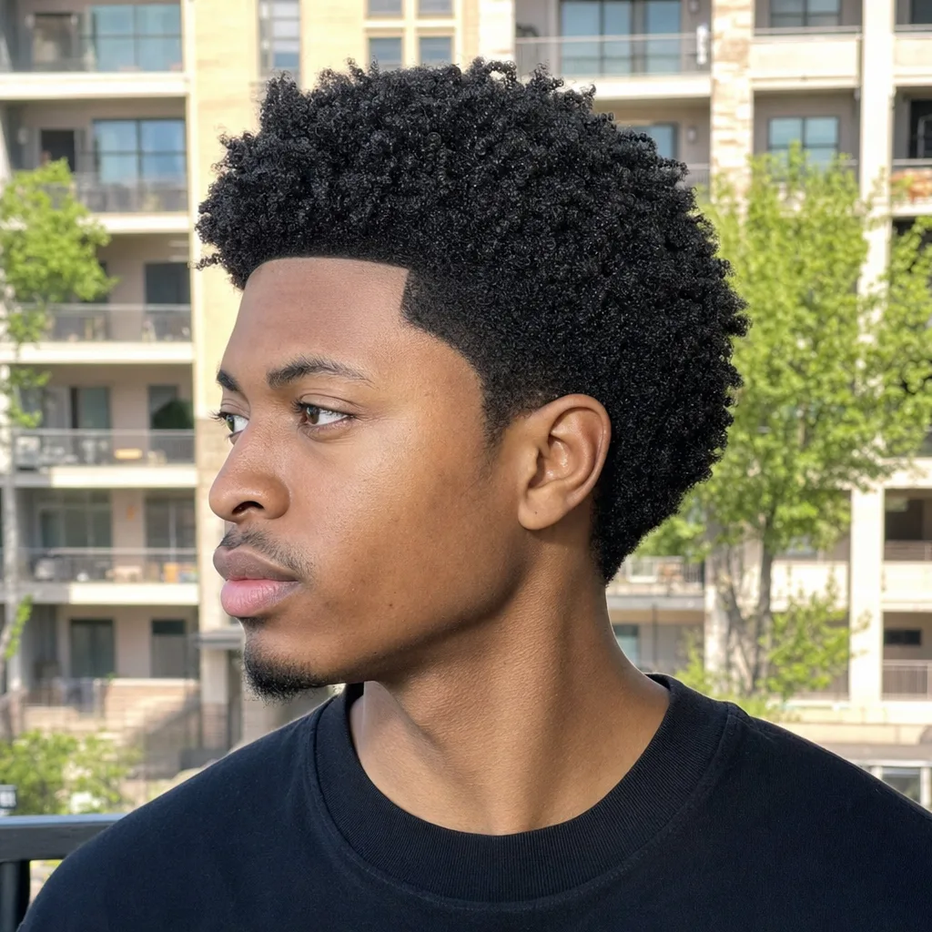 A young Black man with dense tightly coiled hair worn out on top with tapered sides and a clean shape-up along the forehead hairline, on a balcony