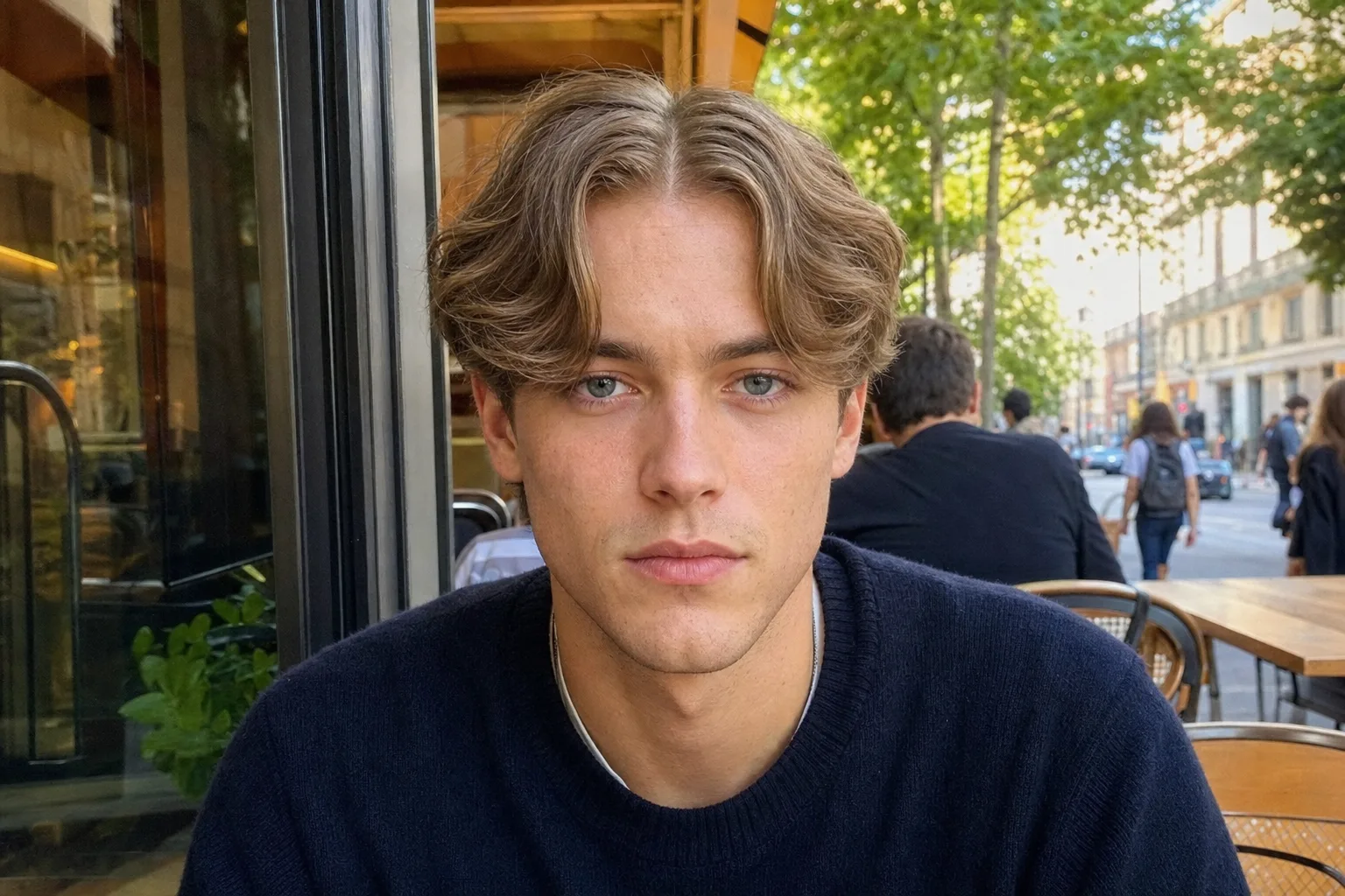A young man facing the camera at a pavement cafe table, wavy dark blond hair split by a middle parting into two panels either side of his forehead
