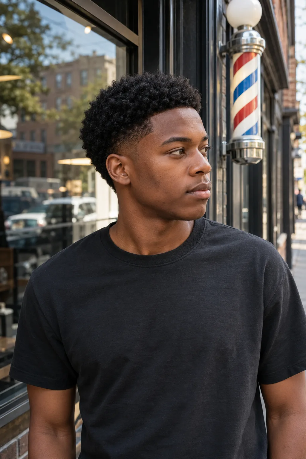 A young man outside a barbershop with a short black afro and a low taper at the temple