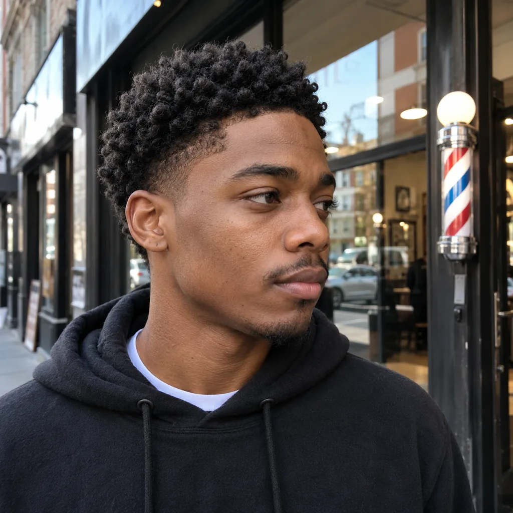A young man outside a barbershop with short black 4a coils on top and a low taper at the temple