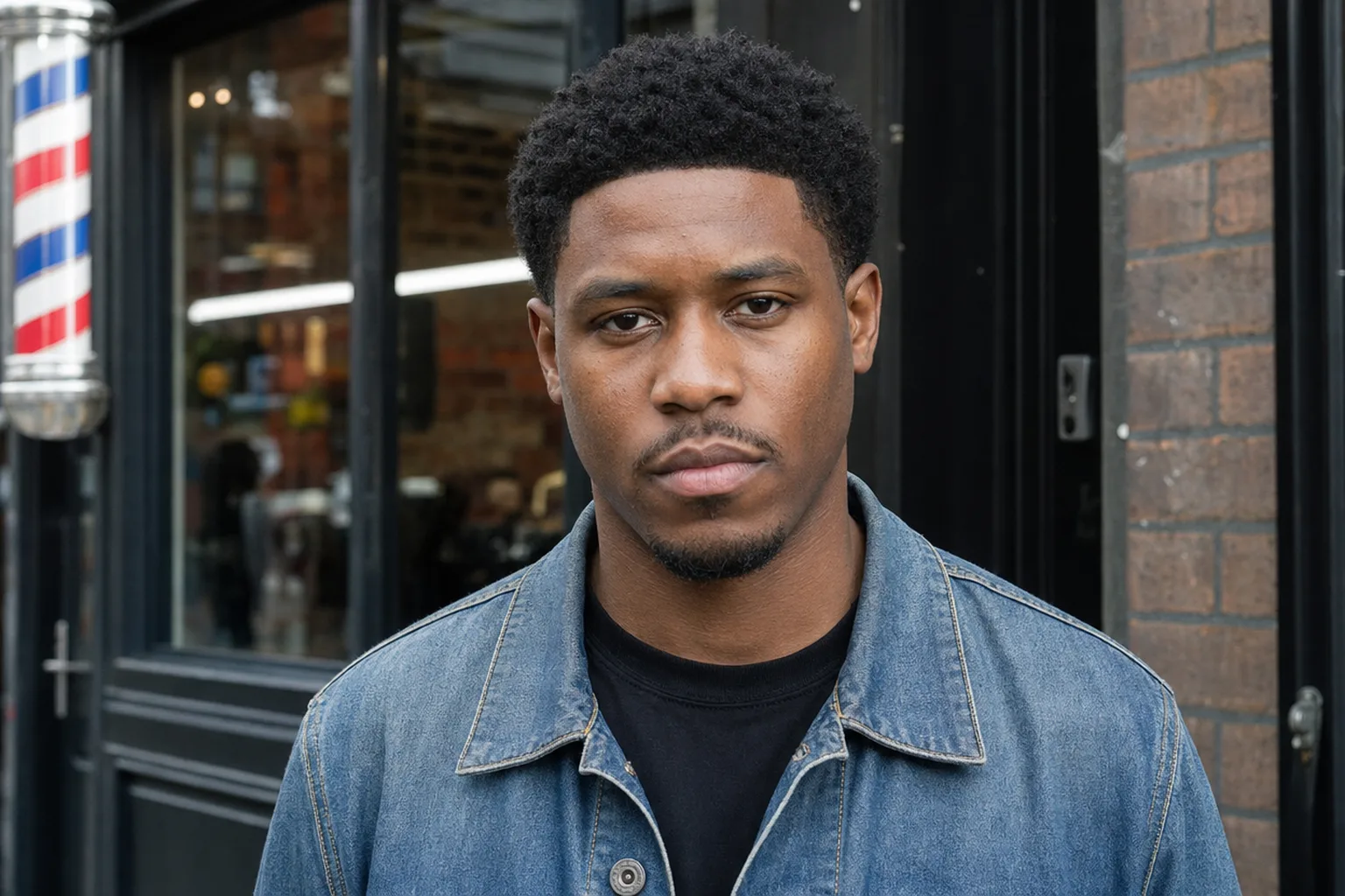 A young man outside a barbershop with short, fluffy black 4b hair on top and a low taper at the temples