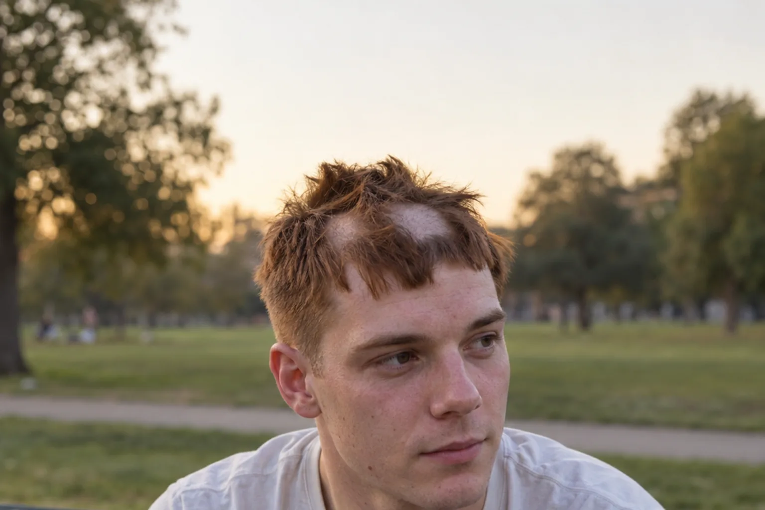 A young man with auburn hair in a park at sunset, his top hacked unevenly with jagged chunks and two patches cut almost down to the scalp