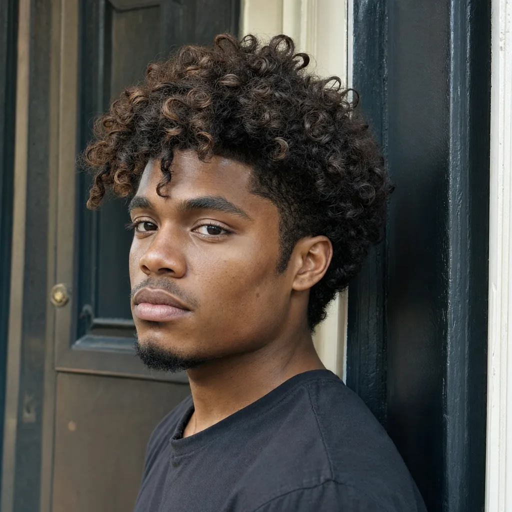 A young man with dark curly hair worn out in defined ringlets on top, leaning against a painted doorway on a street