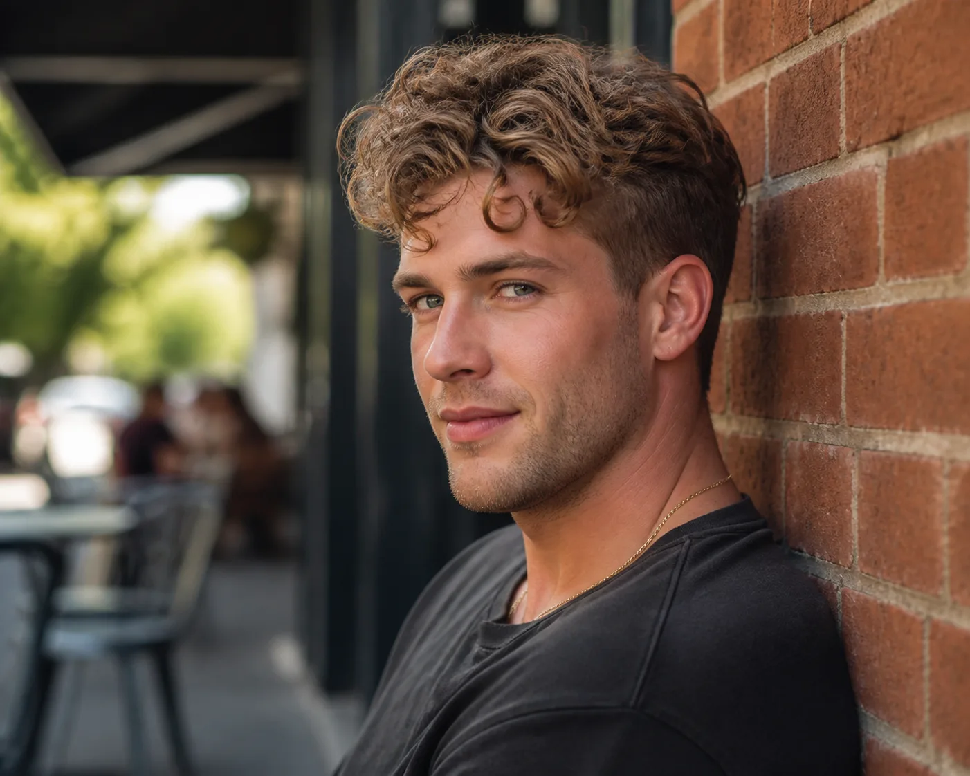 A young man with dirty blonde curly hair leaning on a brick wall, loose curls falling forward on top and the sides tapered short with no hard line