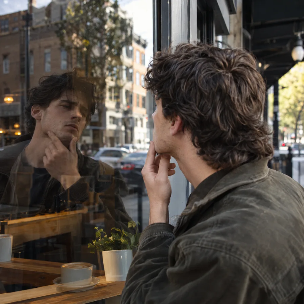 A young man with shaggy brown hair studying his reflection in a cafe window, touching his jawline